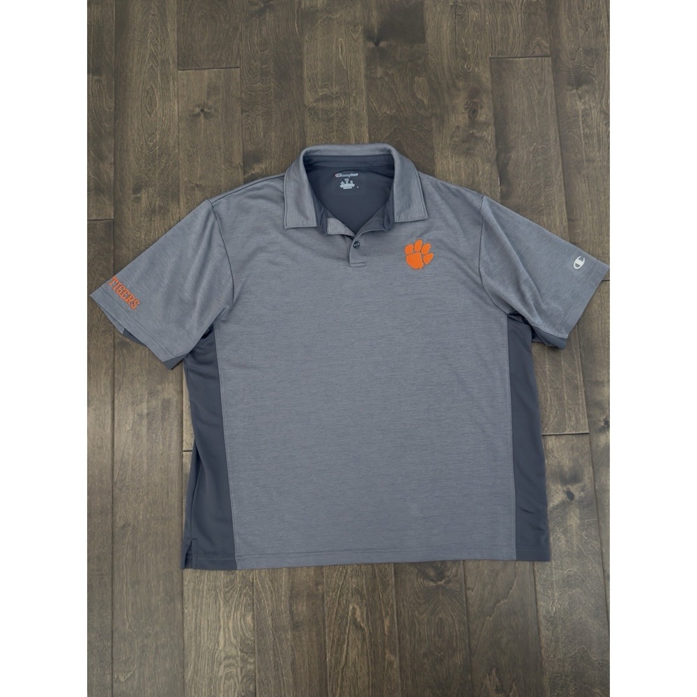 Champion Clemson Tigers Football Mens Short Sleeve Grey Polo Shirt Size 2XL Logo - Picture 2 of 7